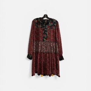 Mixed Patchwork Red Floral Long-Sleeve Dress